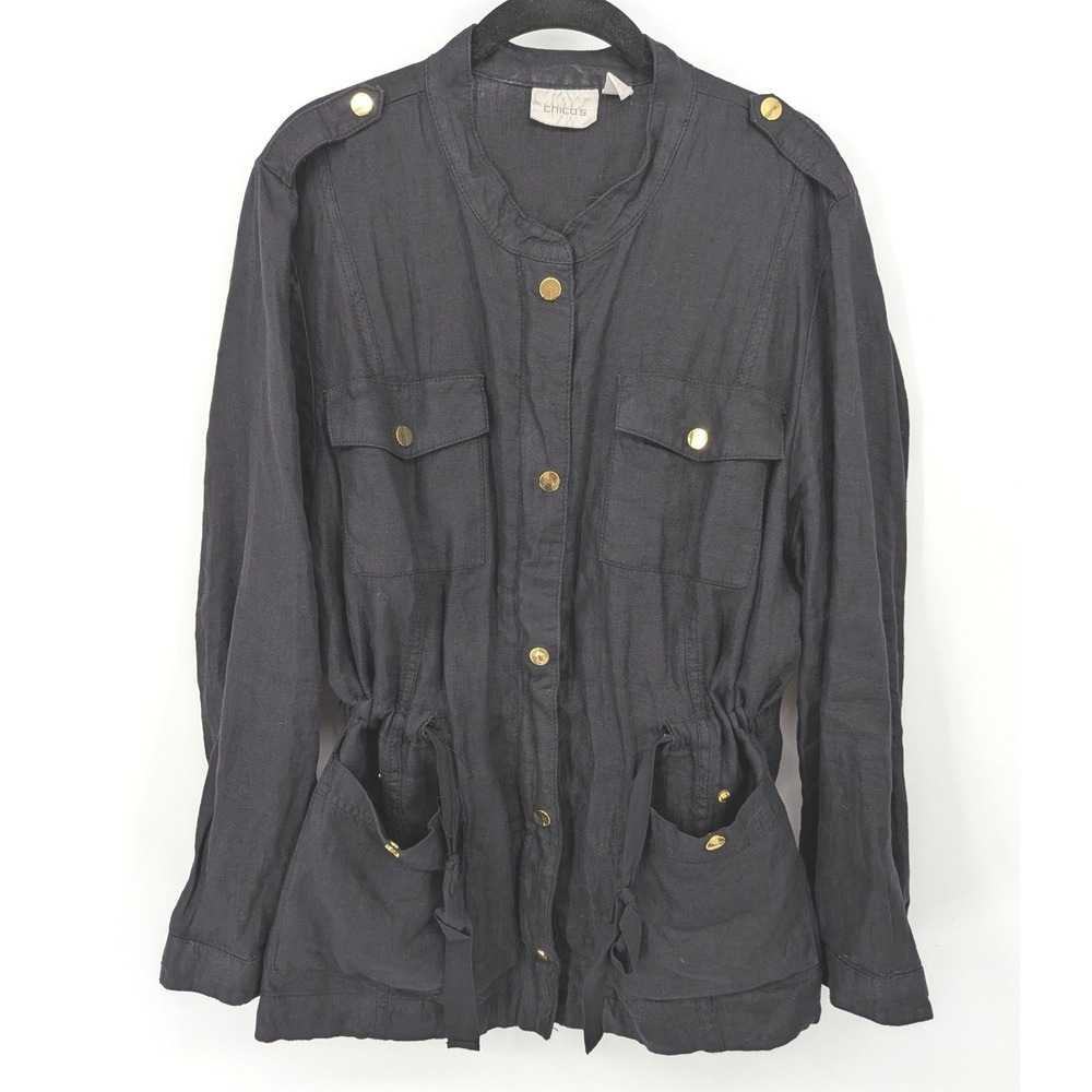 Chicos‎ Linen Utility Jacket Women XL Black Gold Hardware Lightweight Casual
